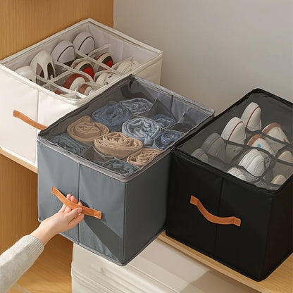 Space-Saving Foldable Oxford Storage Box with Clear Lid, Stackable Shoe Organizer Box Multi-Purpose Solution for Shoes, Clothes