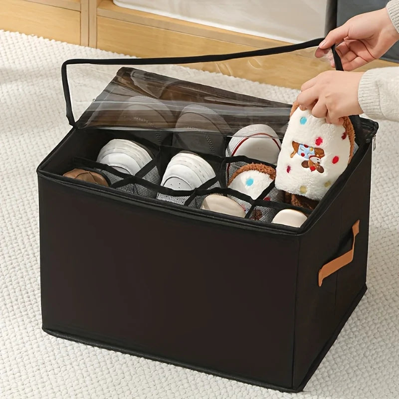 Space-Saving Foldable Oxford Storage Box with Clear Lid, Stackable Shoe Organizer Box Multi-Purpose Solution for Shoes, Clothes