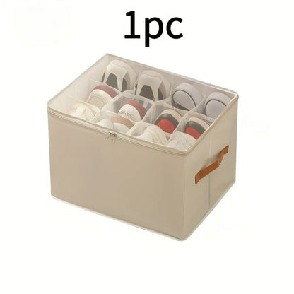 Space-Saving Foldable Oxford Storage Box with Clear Lid, Stackable Shoe Organizer Box Multi-Purpose Solution for Shoes, Clothes