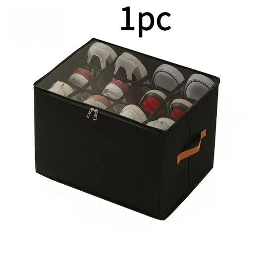 Space-Saving Foldable Oxford Storage Box with Clear Lid, Stackable Shoe Organizer Box Multi-Purpose Solution for Shoes, Clothes